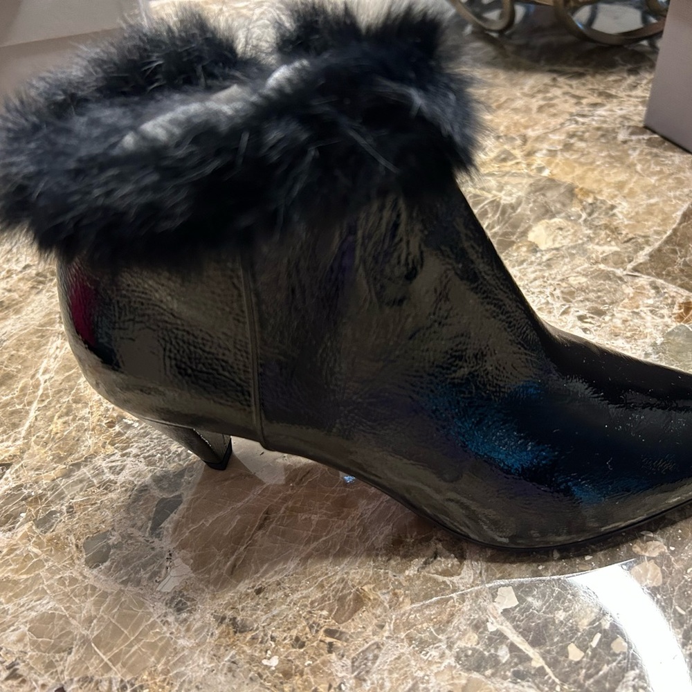 Patent Faux-Fur Trim Black Ankle Booties